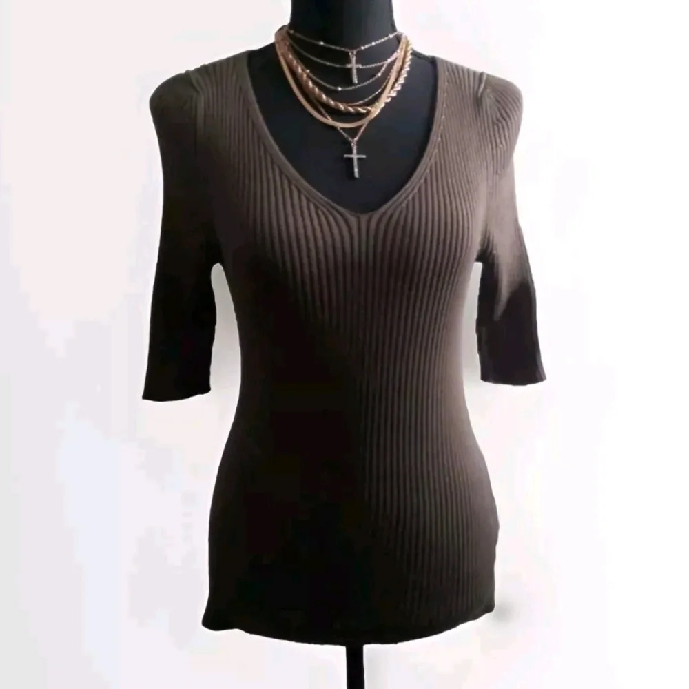 Peruvian Connection Brown Ribbed Blouse